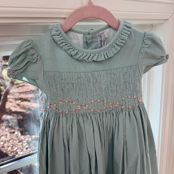 French Charlotte sy Dimby Handmade Girls Sage Green Soft Corduroy Smocked Dress - Picture 2 of 8